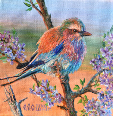 Colorful bird Painting titled "Colorful bird" by Sergey Suslov, Original Artwork, Oil Mounted on Cardboard
