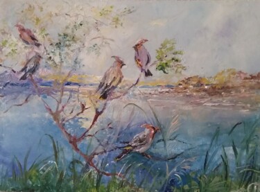 「Painting "Waxwings".」というタイトルの絵画 Sergiy Tsymbalovによって, オリジナルのアートワーク, オイル