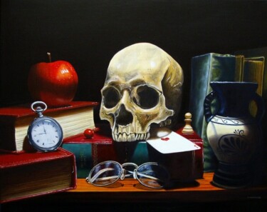 Schilderij getiteld "Vanité aux livres" door Jean-Pierre Walter, Origineel Kunstwerk, Olie Gemonteerd op Frame voor houten b…