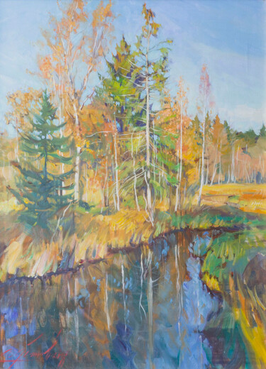 Картина под названием "River in the forest" - Aleksandr Abinov, Подлинное произведение искусства, Масло