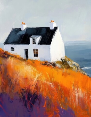 Seaside Cottage | Coastal Wall Art with Orange Grass Hills 绘画 标题为“Seaside Cottage | C…” 由Tanya Ocean, 原创艺术品, 油