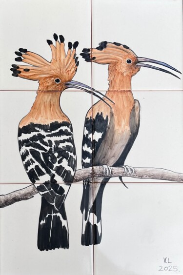 「Hoopoes birds」というタイトルの絵画 Venessa Lagrandによって, オリジナルのアートワーク, 顔料 その他の剛性パネルにマウント