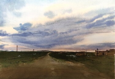 Painting titled "G219国道帕羊镇傍晚的云" by Fangzheng Niu, Original Artwork, Watercolor Mounted on Wood Panel