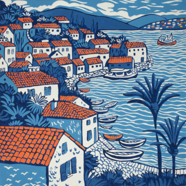 Peinture intitulée "Village by the sea" par Kosta Morr, Œuvre d'art originale, Acrylique