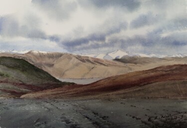 Pintura intitulada "巴札公路沿途之见" por Fangzheng Niu, Obras de arte originais, Aquarela Montado em Painel de madeira