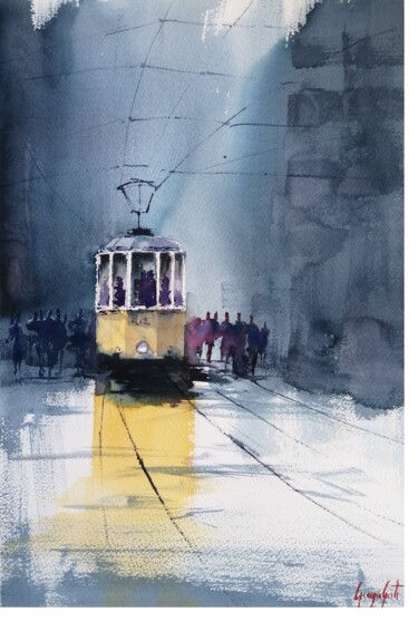 Pittura intitolato "tram in Milan 30" da Giorgio Gosti, Opera d'arte originale, Acquarello
