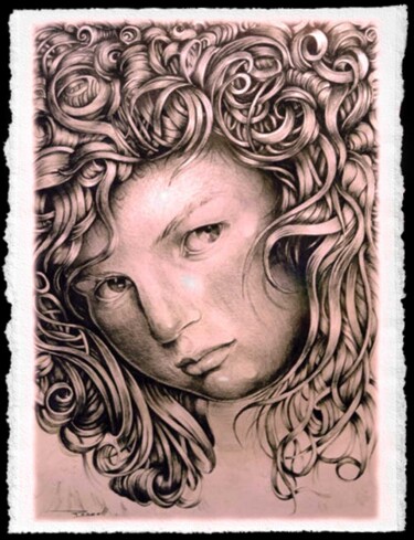 Gravures & estampes intitulée ""Le regard d Ange"" par Angel Rengell, Œuvre d'art originale, Encre