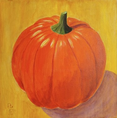 绘画 标题为“A Pumpkin on Yellow” 由Luda Rakhmanov, 原创艺术品, 丙烯 安装在木质担架架上