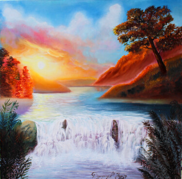 Painting titled "“Waterfall at Sunse…" by Nadzeya Dzemianchuk, Original Artwork, Oil Mounted on Wood Stretcher frame