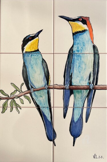 「Bee eaters Panel」というタイトルの絵画 Venessa Lagrandによって, オリジナルのアートワーク, 顔料 その他の剛性パネルにマウント