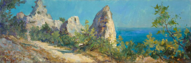 Sunlit Cliffs and Azure Sea – Coastal Landscape Schilderij getiteld "Sunlit Cliffs and A…" door Artem Bilobrovskyi, Origineel Kunstwerk, Olie Gemonteerd op Frame voor houte…