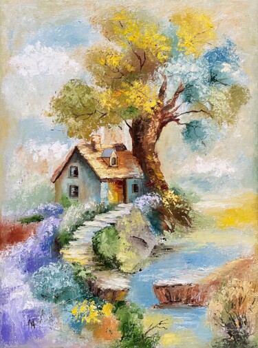 "Cottage by the River" başlıklı Tablo Natalie Aleksejeva (NatalieVerve) tarafından, Orijinal sanat, Petrol Ahşap Sedye çerçe…