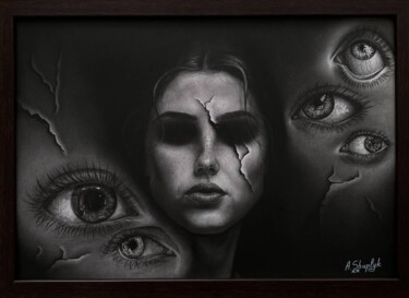 Drawing titled "Denial" by Alona Shuplyk, Original Artwork, Pencil Mounted on Wood Panel