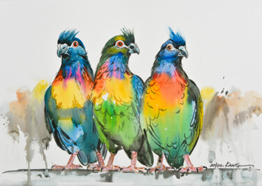 Картина под названием "Pigeons 1" - Kang Zhou, Подлинное произведение искусства, Акварель