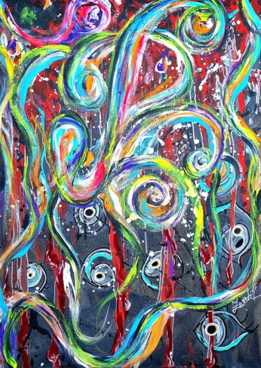 surreal eyes lines-yellow, pink, turquoise and red on gray "surreal eyes lines-…" başlıklı Tablo Elena Swetkov (Lena Zwetik) tarafından, Orijinal sanat, Akrilik Ahşap Sedye çerçevesi…