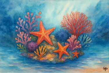 Картина под названием "Coral Harmony" - Genifer Díaz Rojas, Подлинное произведение искусства, Акварель