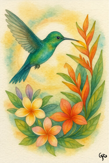 Painting titled "Dawn Hummingbird" by Genifer Díaz Rojas, Original Artwork, Watercolor