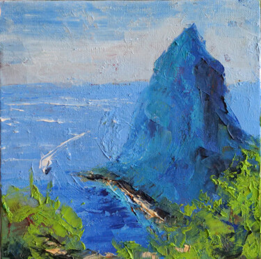 Saint Lucia Seascape Painting with Pitons – Caribbean Island Schilderij getiteld "Saint Lucia Seascap…" door Dr. Barmely, Origineel Kunstwerk, Olie Gemonteerd op Karton