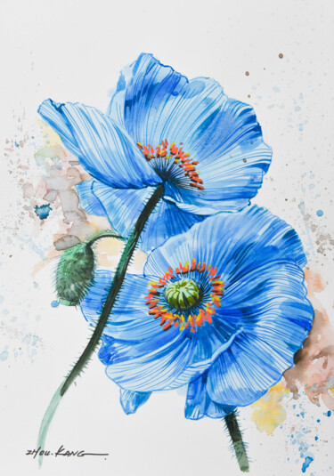Schilderij getiteld "blue flowers1" door Kang Zhou, Origineel Kunstwerk, Aquarel