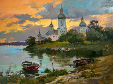 The last rays over the temple Schilderij getiteld "The last rays over…" door Yuriy Suprunchuk, Origineel Kunstwerk, Olie Gemonteerd op Karton