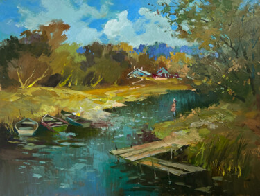 Painting titled "Summer day in the o…" by Yuriy Suprunchuk, Original Artwork, Oil Mounted on Cardboard