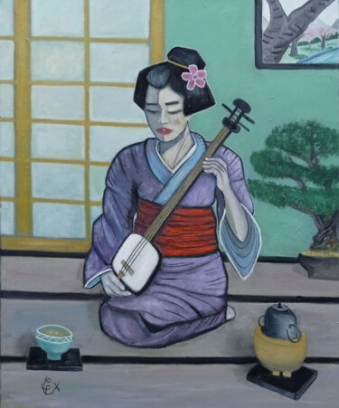 绘画 标题为“La joueuse de Shami…” 由Christophe Leparoux, 原创艺术品, 丙烯 安装在木质担架架上