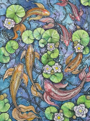 Schilderij getiteld "In the pond" door Anna Boich, Origineel Kunstwerk, Aquarel Gemonteerd op Karton
