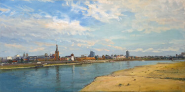 Düsseldorf Skyline by the Rhine Картина под названием "Düsseldorf Skyline…" - Artem Bilobrovskyi, Подлинное произведение искусства, Масло Установлен на Дере…