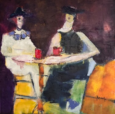 Malarstwo zatytułowany „Au café des dames” autorstwa Marie Rouach, Oryginalna praca, Akryl Zamontowany na Drewniana rama nos…