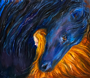 Black horse and girl. I called this painting "Ice and Fire". 「Black horse and gir…」というタイトルの絵画 Elena Reutovaによって, オリジナルのアートワーク, オイル 段ボールにマウント