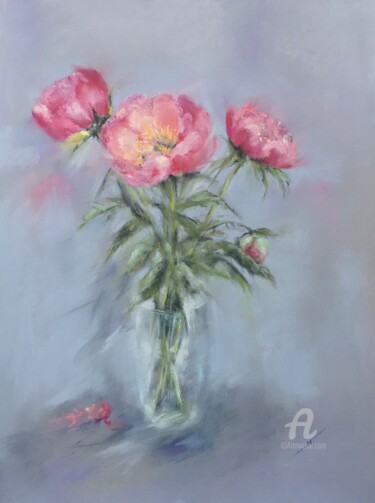 Рисунок под названием "Peonies" - Irene_art, Подлинное произведение искусства, Пастель