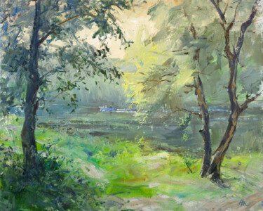 Morning Light by the Riverside – Impressionist Landscape 제목이 "Morning Light by th…"인 미술작품 Artem Bilobrovskyi로, 원작, 기름 나무 들것 프레임에 장착됨