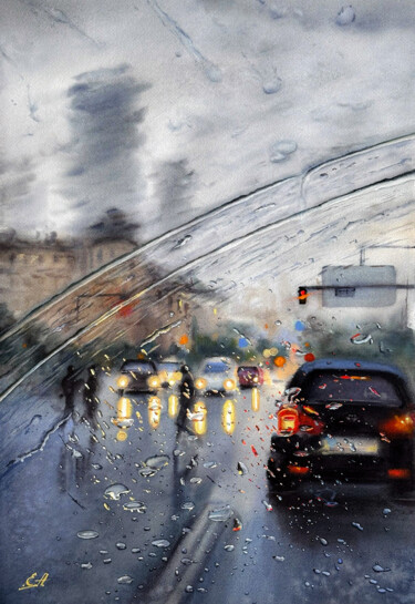 Through the Rain — City Lights Behind the Glass Pintura intitulada "Through the Rain —…" por Olena Anopriienko, Obras de arte originais, Aquarela