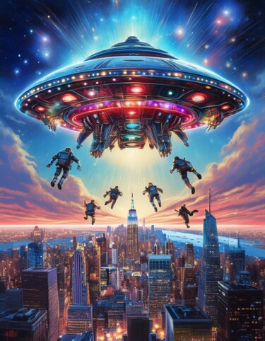 Alien Invasion Over New York City 「Alien Invasion Over…」というタイトルのデジタルアーツ Arne Vierlingerによって, オリジナルのアートワーク, デジタルプリント ウッドストレッチャーフレームにマウント