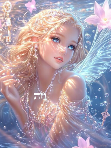 Divine Healing Waters: The Cancer Zodiac Angel Цифровое искусство под названием "Divine Healing Wate…" - Asnat Unnger, Подлинное произведение искусства, Струйный