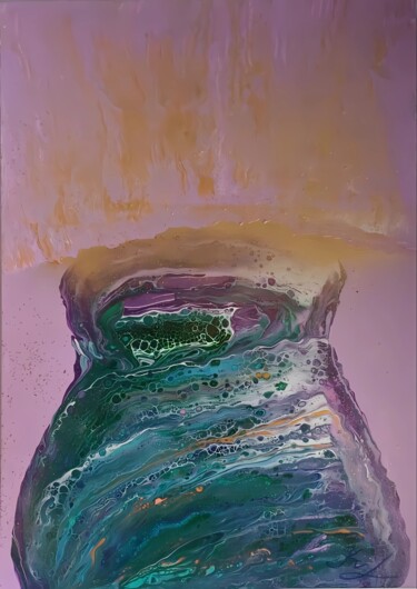 Vessel of Flow – Abstract Green and Gold Painting for Calm