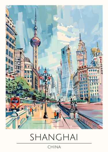 数字艺术 标题为“Shanghai Cityscape…” 由春宇 关, 原创艺术品, AI生成的图像 安装在纸板上