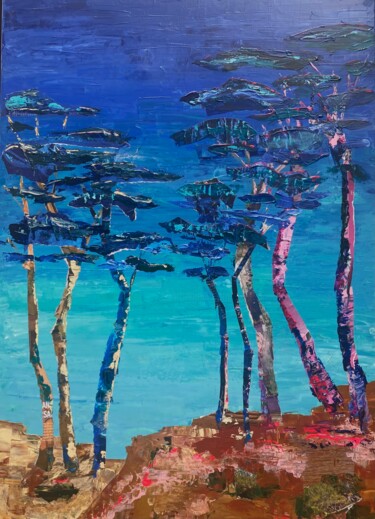 Painting titled "La mer vue des pins" by Florence Maraine Bertrand, Original Artwork, Acrylic Mounted on Wood Stretcher frame