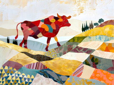 Red Cow in the Hills I. Vibrant modern landscape collage "Red Cow in the Hill…" başlıklı Dijital Sanat Miriam-Feyga Bunimovich tarafından, Orijinal sanat, Dijital Kolaj