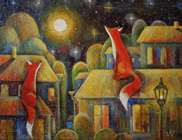 「Night walk with moon」というタイトルの絵画 Юлия Поташова (Вострикова)によって, オリジナルのアートワーク, アクリル ウッドストレッチャーフレームにマウント