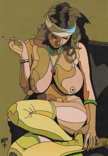 Tekening getiteld "70S BABE SMOKING" door Nicholas Price, Origineel Kunstwerk, Inkt