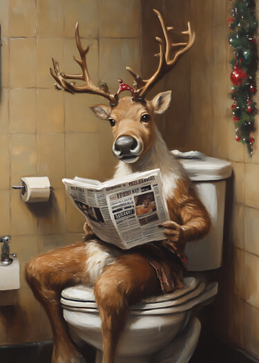 数字艺术 标题为“Deer Reading on Toi…” 由春宇 关, 原创艺术品, AI生成的图像 安装在纸板上