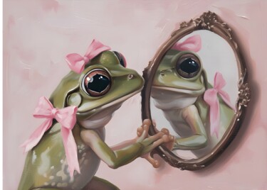 「Frogs' Mirror Refle…」というタイトルのデジタルアーツ 春宇 关によって, オリジナルのアートワーク, AI生成画像 段ボールにマウント