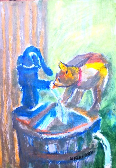 绘画 标题为“Le chat boire l'eau” 由Slobodan Spasojevic (Spaki), 原创艺术品, 粉彩