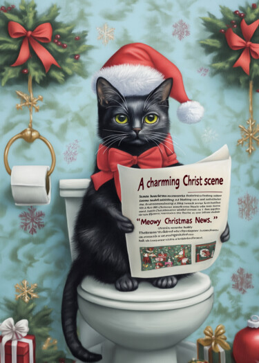 Digital Arts titled "Holiday Cat on Toil…" by Chun Yu Guan, Original Artwork, AI generated image Mounted on Cardboard