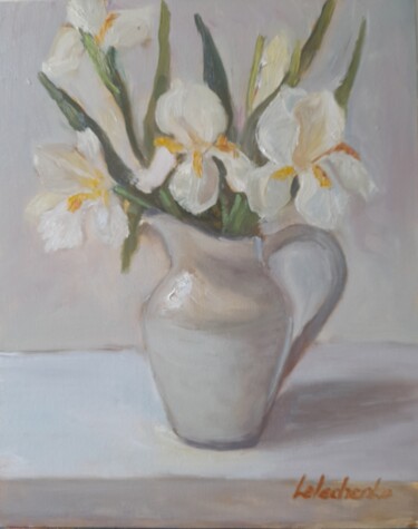 绘画 标题为“White irises” 由Liudmyla Lelechenko, 原创艺术品, 油 安装在纸板上