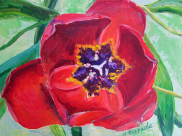 Painting titled "Red Tulip Oil Canva…" by Irina Selckova, Original Artwork, Oil Mounted on Cardboard