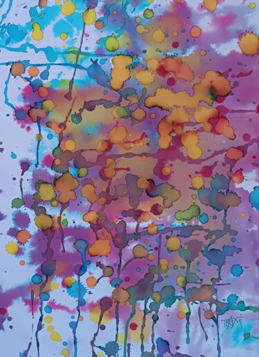 Rainbow Forest – Abstract Splatter Watercolor with Tree Form 绘画 标题为“Rainbow Forest – Ab…” 由Diana Dimova - Traxi, 原创艺术品, 水彩