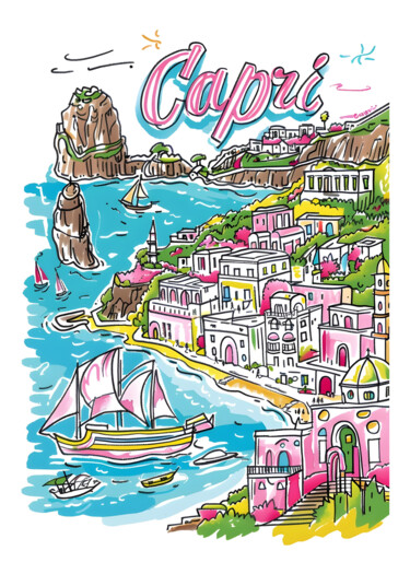 数字艺术 标题为“Capri Coastal Escape” 由春宇 关, 原创艺术品, AI生成的图像 安装在纸板上