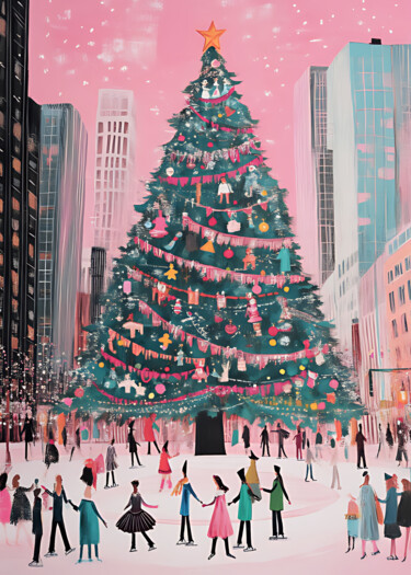 Digitale Kunst getiteld "Urban Christmas Joy" door Chun Yu Guan, Origineel Kunstwerk, AI gegenereerde afbeelding Gemonteerd…